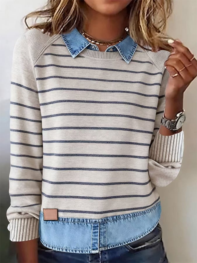Women'S Lapel Denim Patchwork Striped Shirt