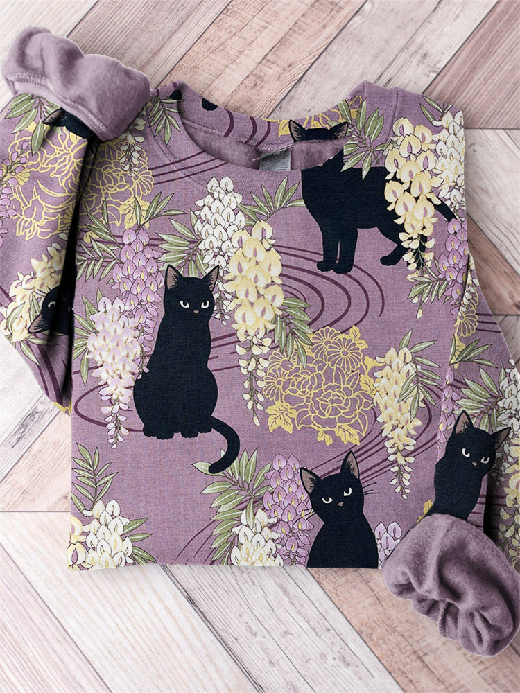 Black Cats Japanese Floral Pattern Comfy Sweatshirt elevenforest