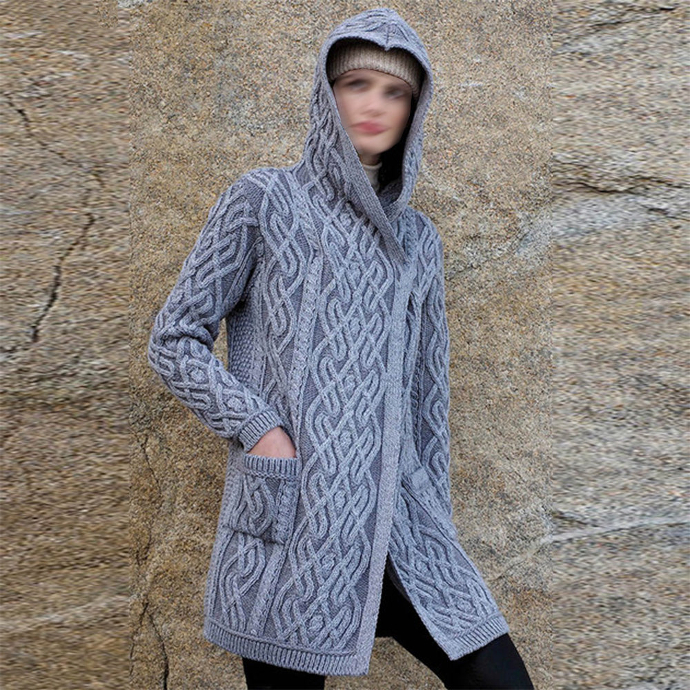 Women's Hand-knitted Wave Pattern Pocket Cardigan Aran Sweater artswardrobe