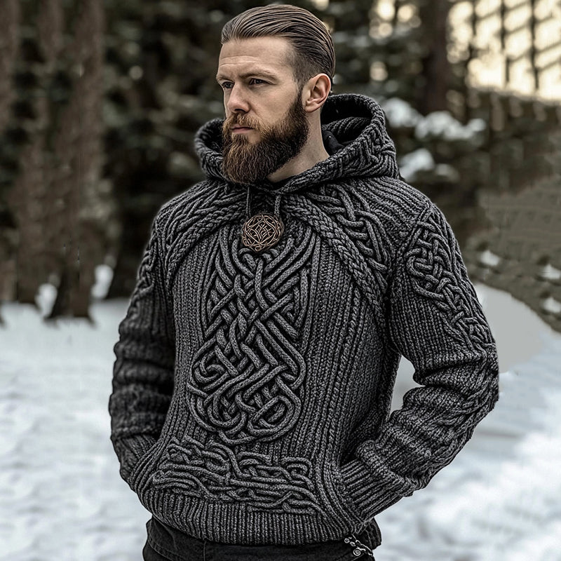 Men's Vintage Viking Jacquard Cozy Knit Hooded Sweater artswardrobe