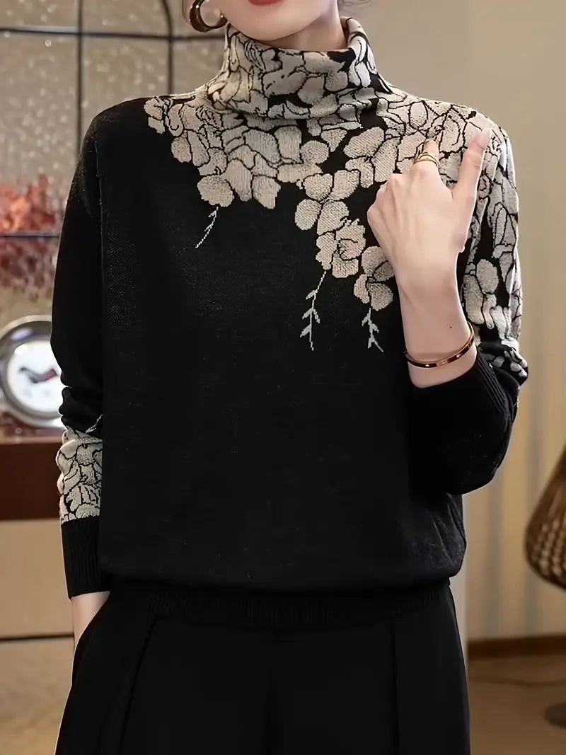Rhiannon® | Elegant knitted sweater with turtleneck and floral print