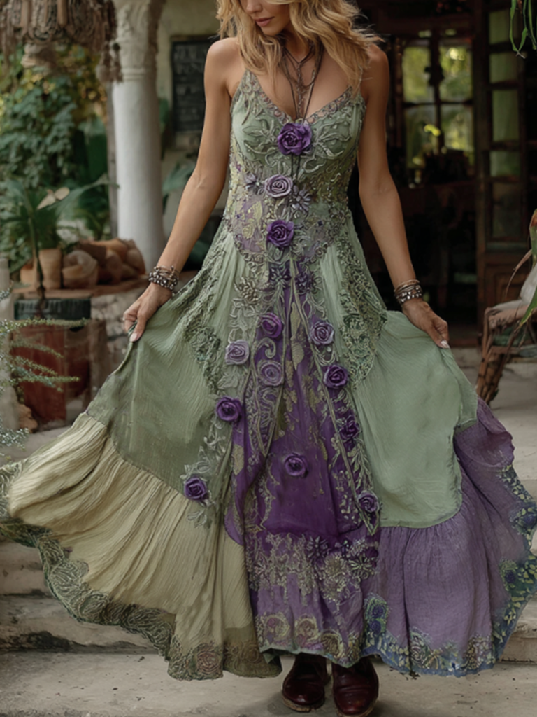 Vintage Classy Gradient Purple Lavender And Floral Embroidered Linen Suspender Long Dress artswardrobe