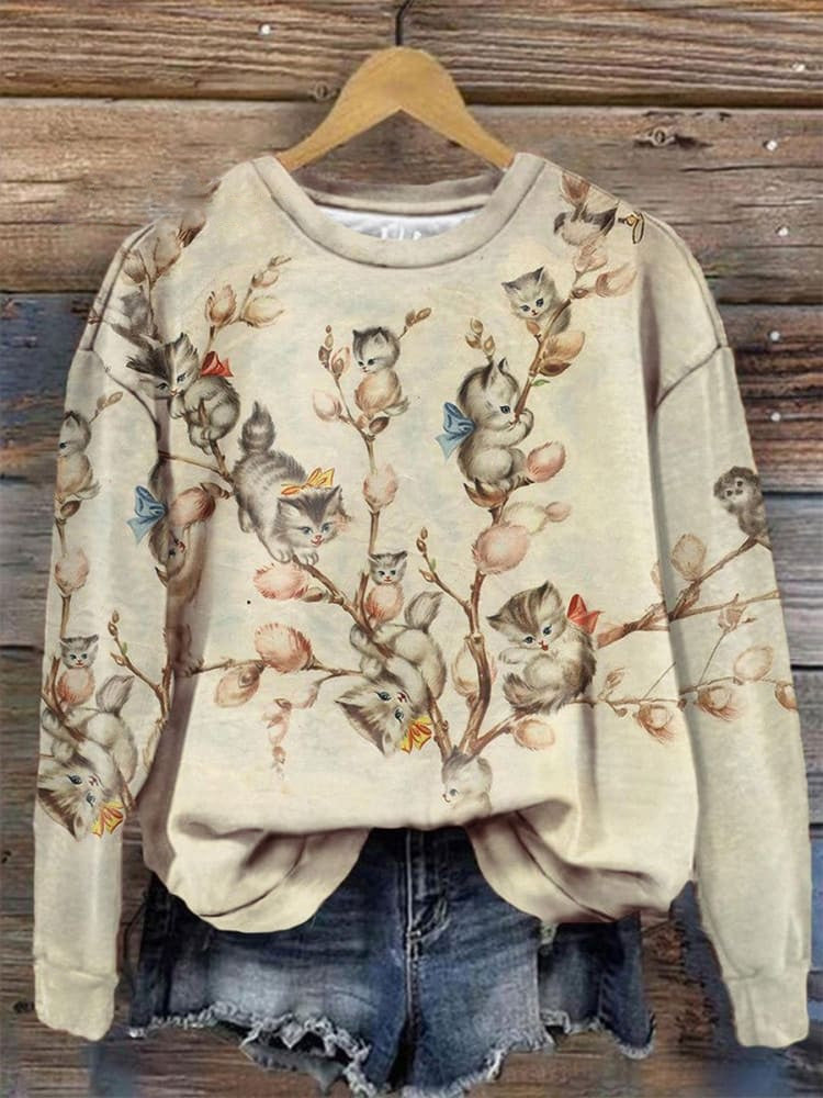 Comstylish Japanese Art Cute Cats Christmas Trees Print Casual Sweatshirt