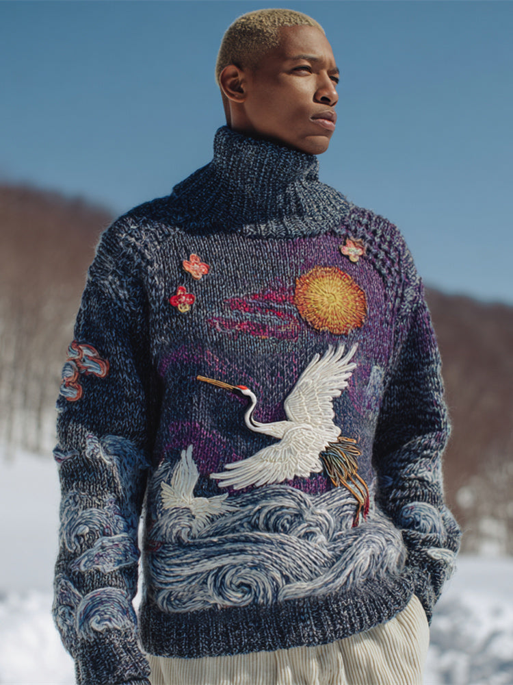 Japanese Crane & Ocean Wave Men's Knit Turtleneck Sweater artswardrobe