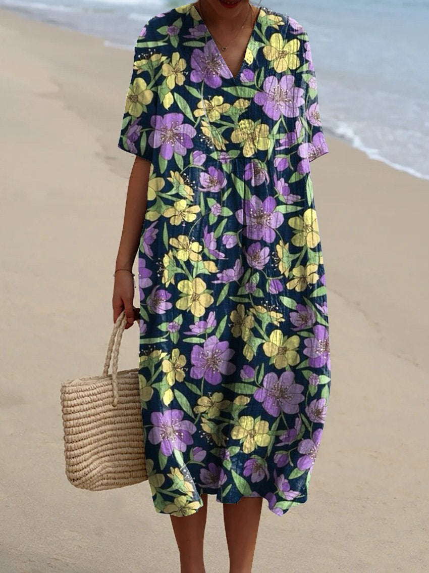 Retro Style Purple And Yellow Floral Pattern Printed Women's Flowy Dress