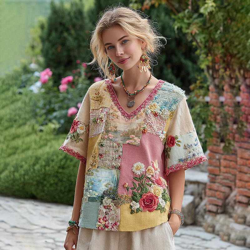 Women's Oil Painting Water Lily Floral Patchwork Comfy Shirt artswardrobe