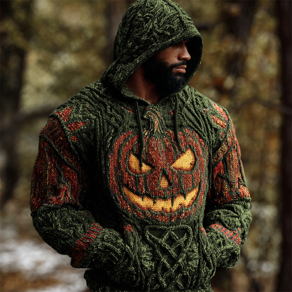 Halloween Pumpkin Lights Men's Chunky Knit Hooded Sweater artswardrobe