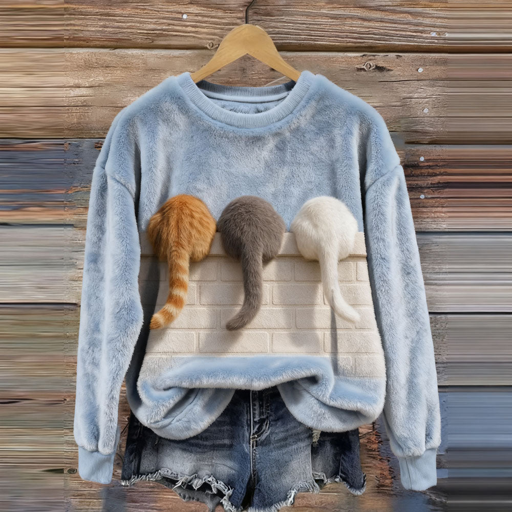 Comstylish Cute Lazy Cats Round Neck Cozy Flannel Sweatshirt