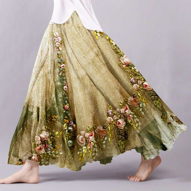 Women's Boho Flowers Art Linen Blend Skirt artswardrobe