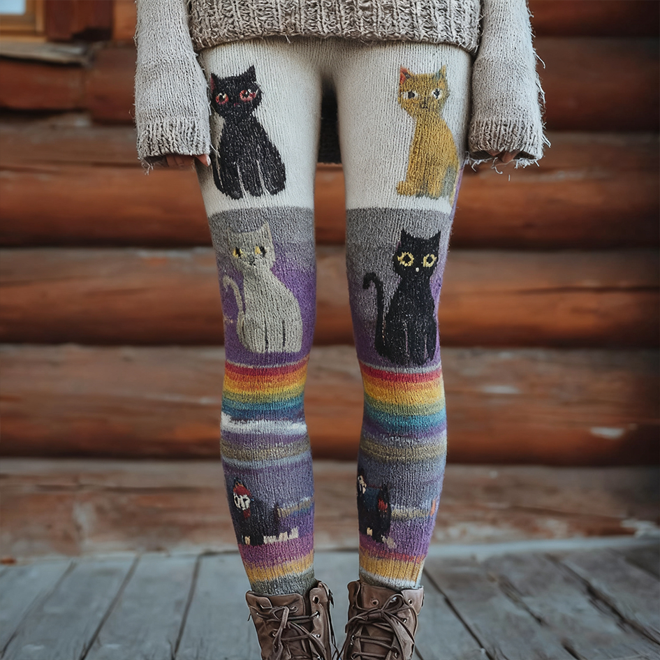 Comstylish Christmas Fun Cat Knitting Tight-fitting Leggings