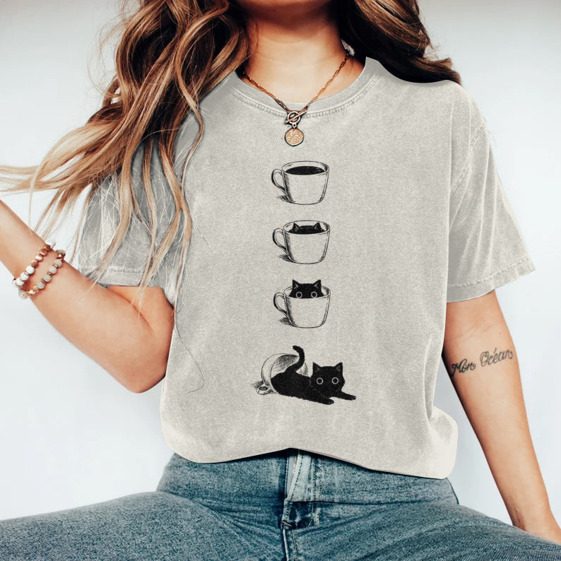 Abstract Creative Black Cats In Coffee Cup Art Print T-shirt elevenforest