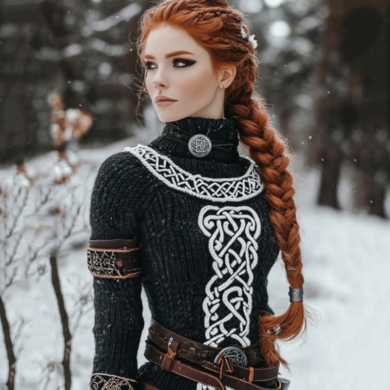 Women's Viking Geometric Lines Knitted Cozy High Neck Sweater artswardrobe