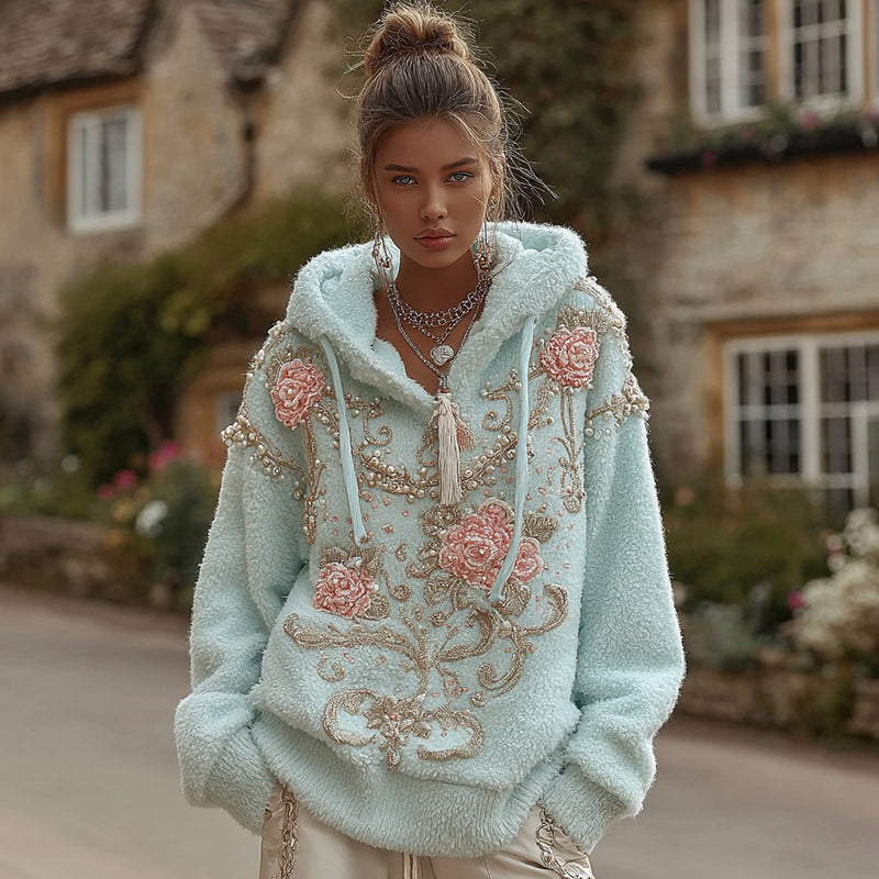 Comstylish Women's Vintage Bohemian Embroidered Flannel Hoodie