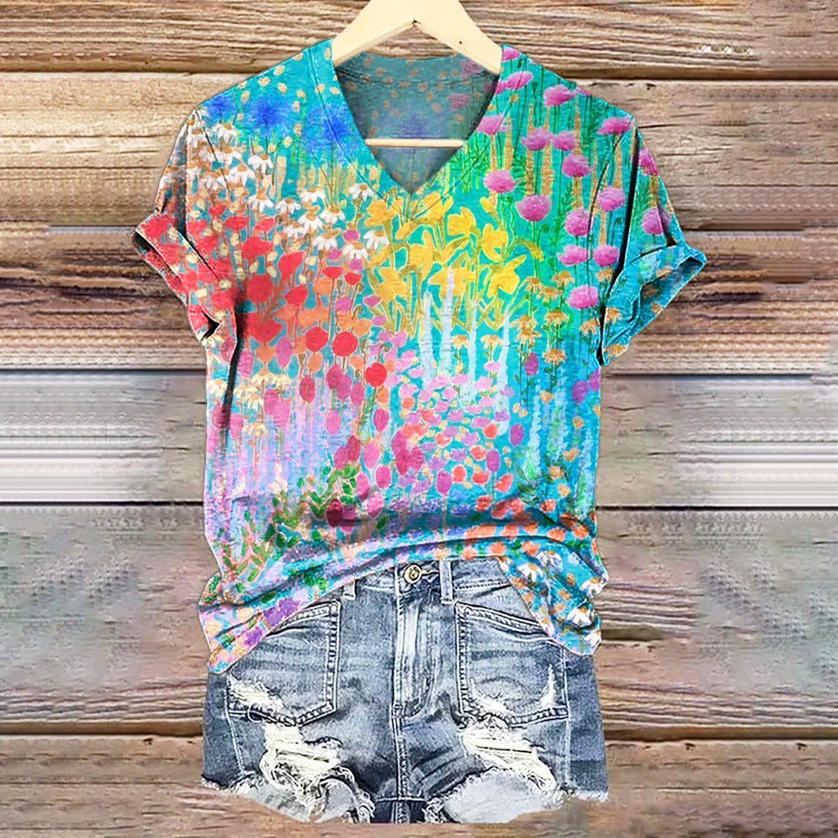 Women's Vintage Bohemian Floral Art Print V-neck Casual T-Shirt