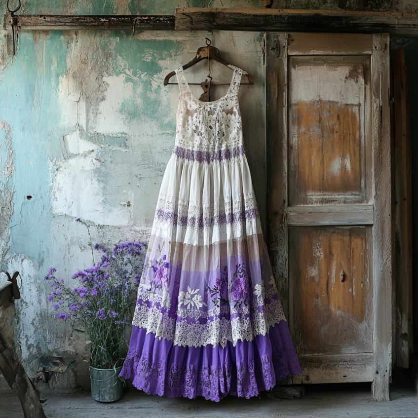 Boho Gradient Lavender Embroidered Pattern Lace Linen Dress artswardrobe