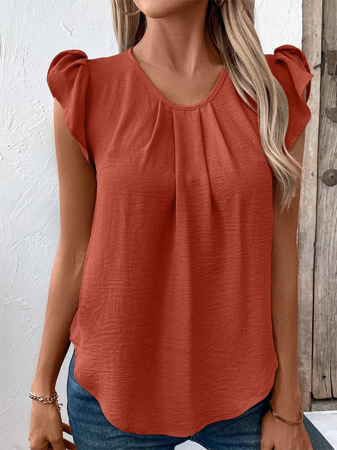 Women's Cotton&Linen Round Neck Lotus Leaf Sleeve T-Shirt