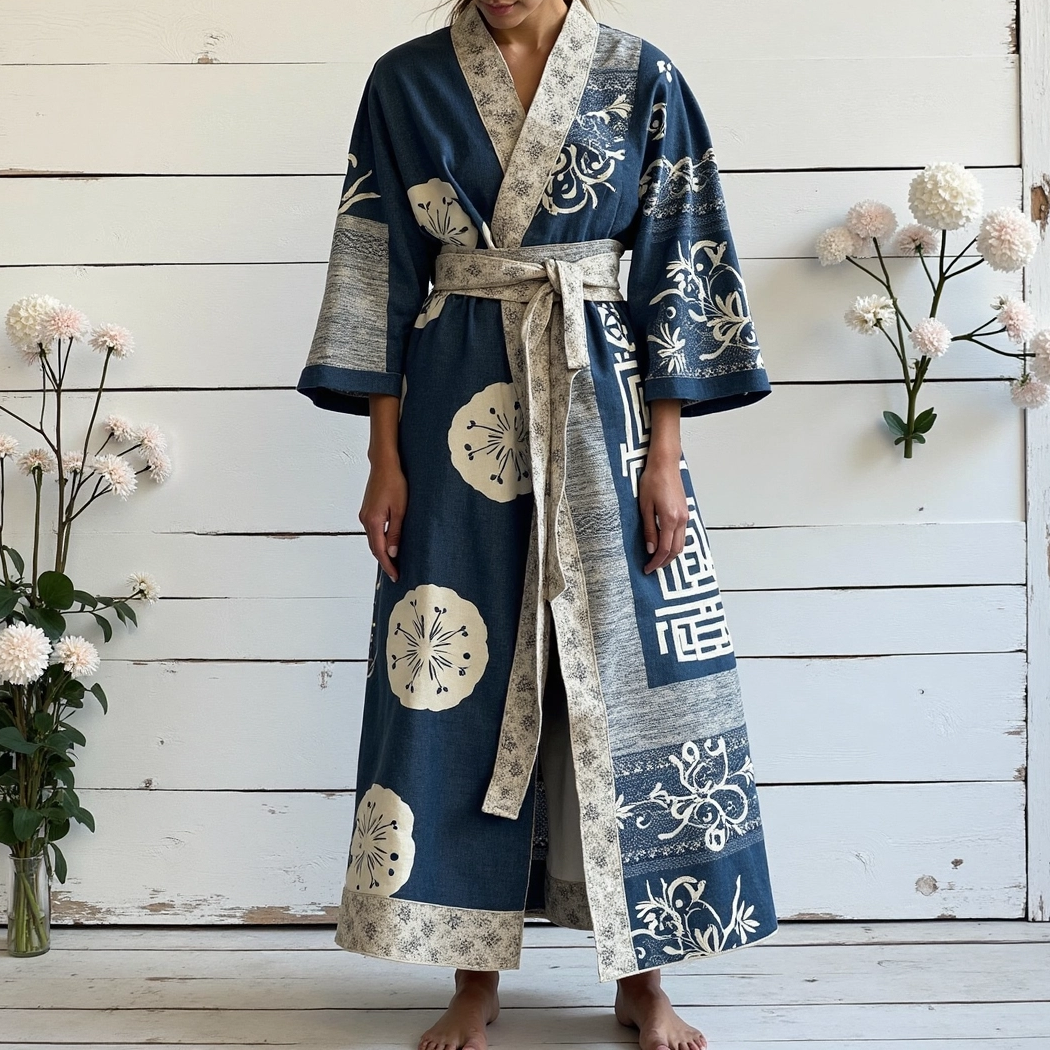 Women's Retro Japanese Traditional Sashiko Art Linen V-neck Robe artswardrobe