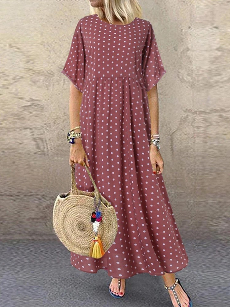 KS | Polka Dot Ladies Midi Dress Bohemian Vacation Short Sleeve O-Neck Long Robe Vintage Loose Casual A-line Vestidos Summer