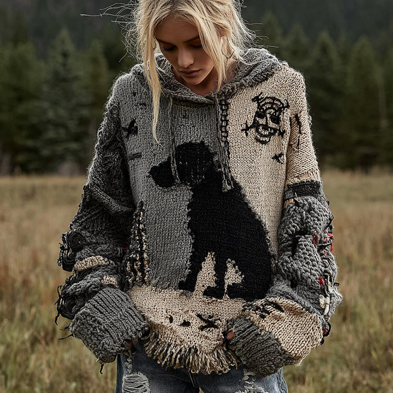 Vintage Dog Horror Spider Web Cozy Knit Hooded Sweater artswardrobe