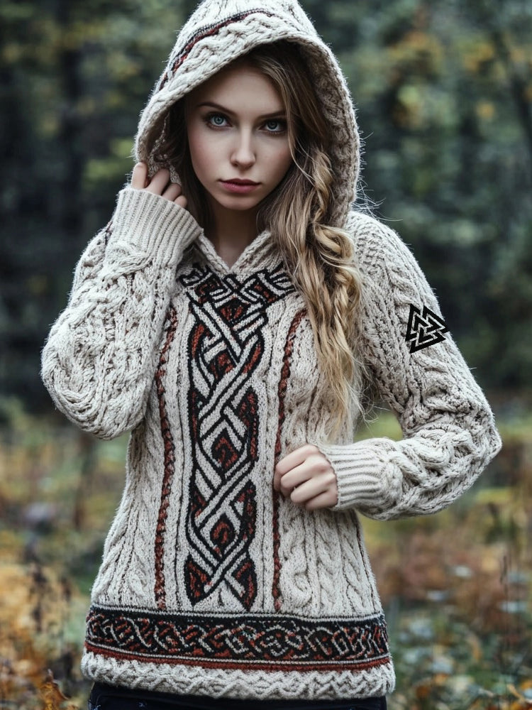 Viking Valknut Embroidered Retro Jacquard Cozy Hooded Sweater artswardrobe