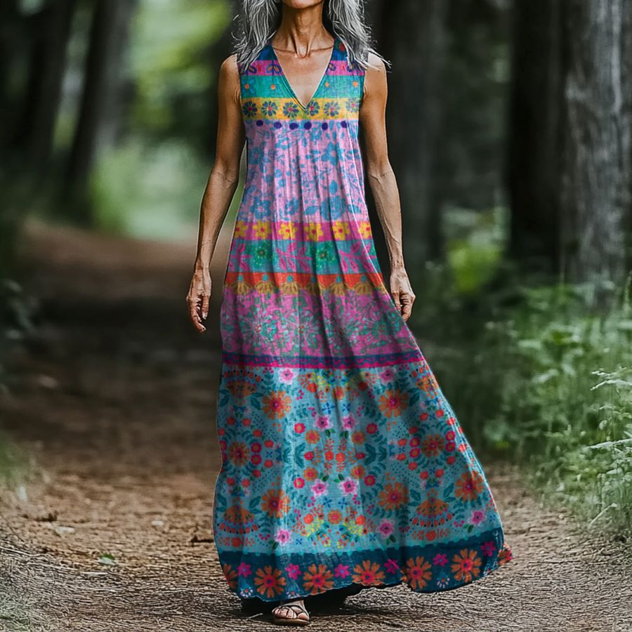 Women's Floral Art Print Cotton Sleeveless V Neck Dress artswardrobe