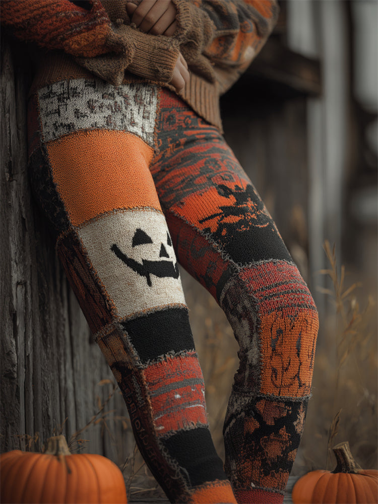 Halloween Pumpkin Colorblock Stitched Cozy Knit Leggings artswardrobe