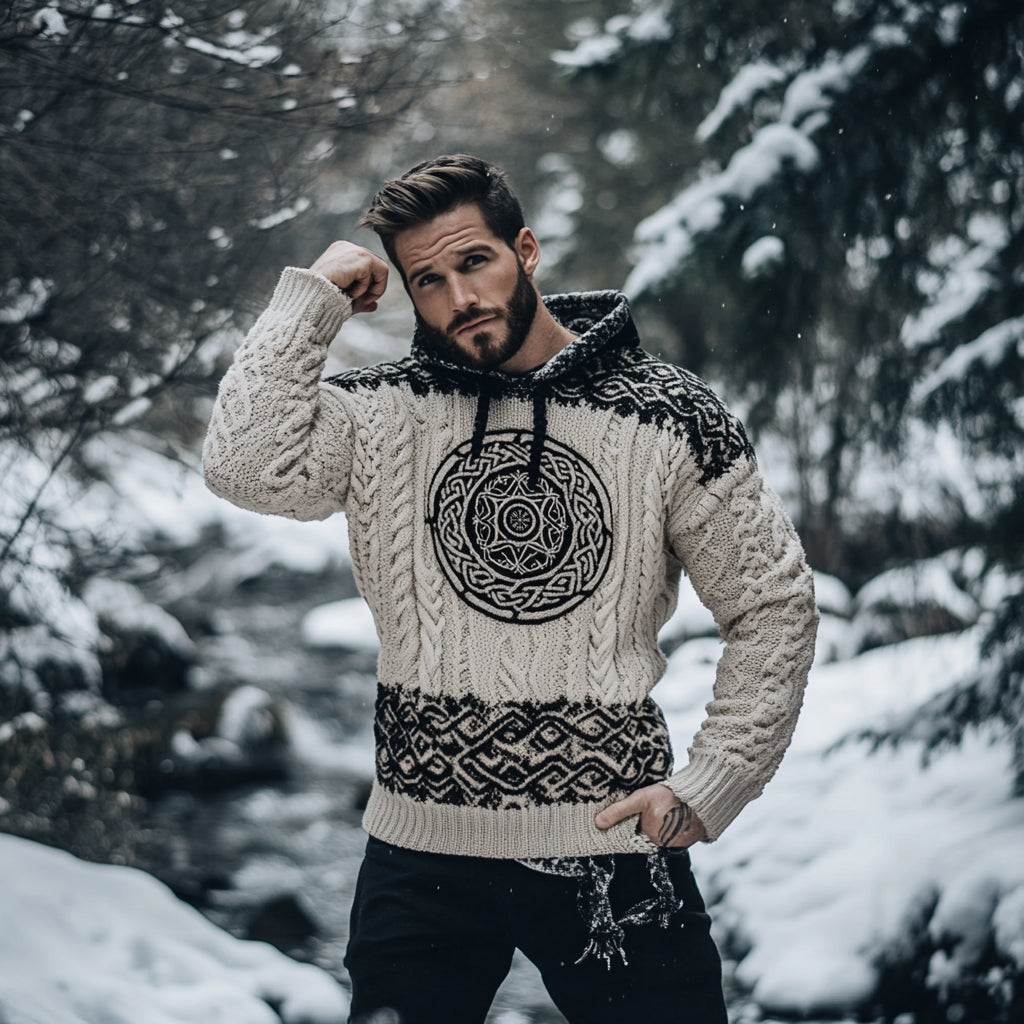 Men's Viking Tribal Wolf Jacquard Celtic Inspired Chunky Knit Hooded Sweater artswardrobe