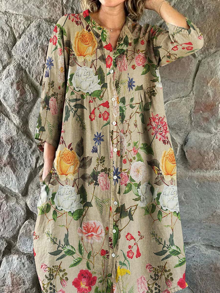 Women's Elegant Vintage Floral Print Shirt Style Cotton and Linen Dres