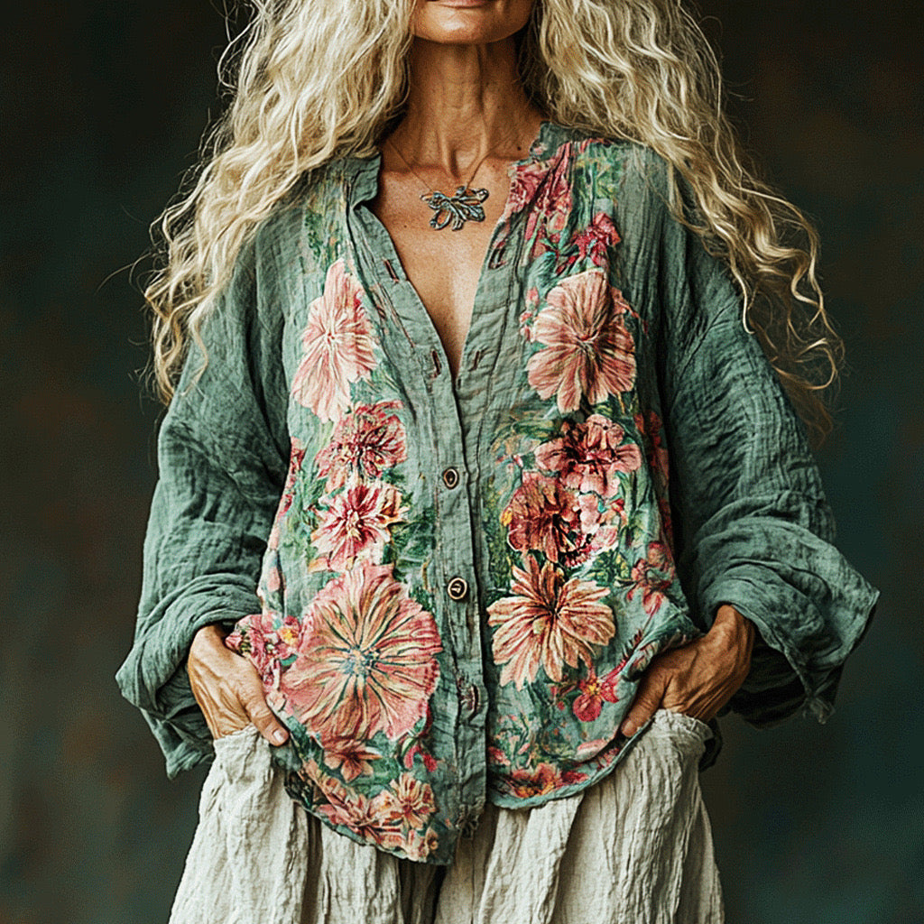 Bohemian Linen Floral Art Print Long Sleeve Shirt artswardrobe