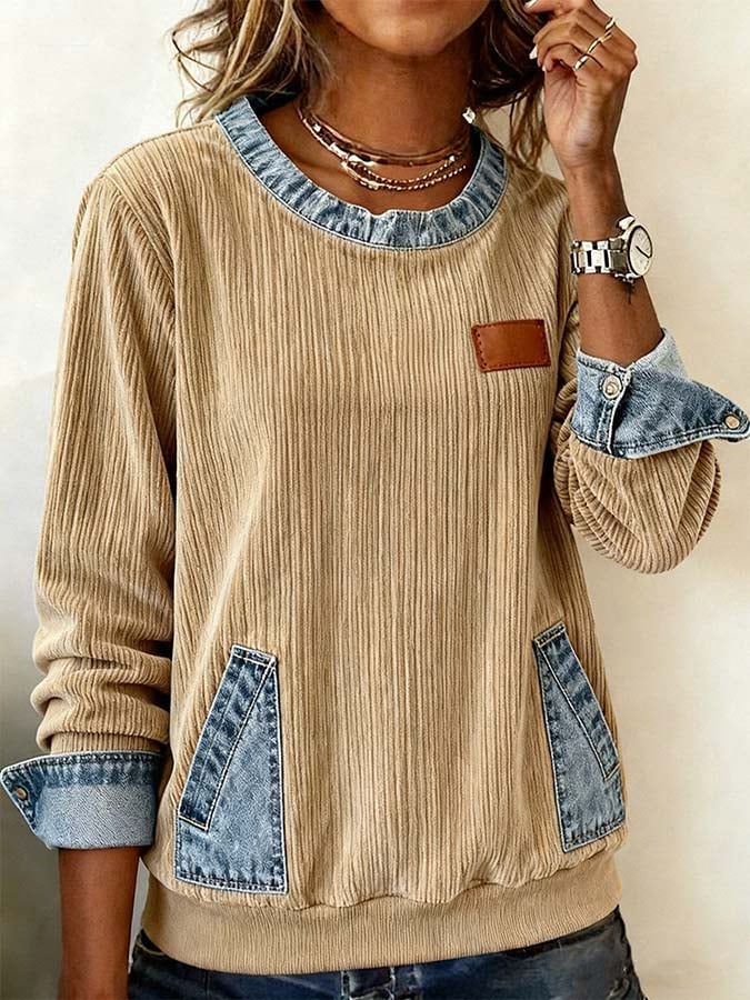 Women'S Casual Contrast Color Denim Patchwork Long-Sleeved Top