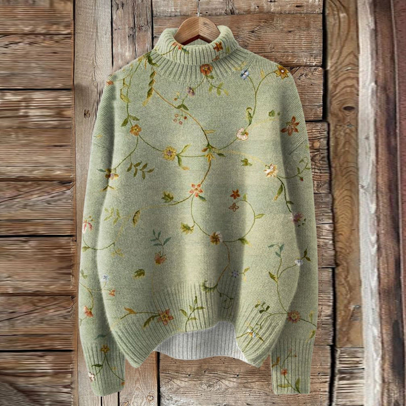Vintage Lovely Floral Art Print Knit Turtleneck Pullover Sweater artswardrobe