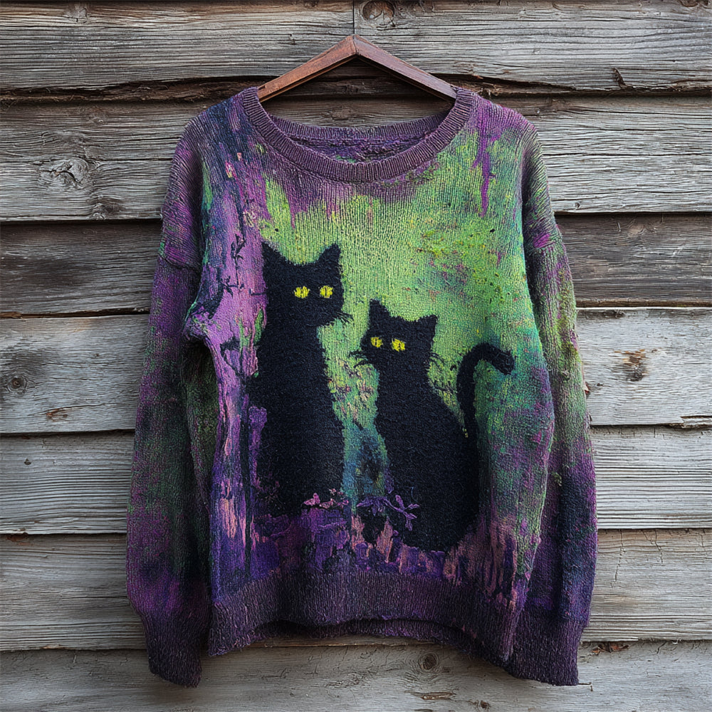Halloween Black Cat Color Clash Women's Knitted Sweater artswardrobe