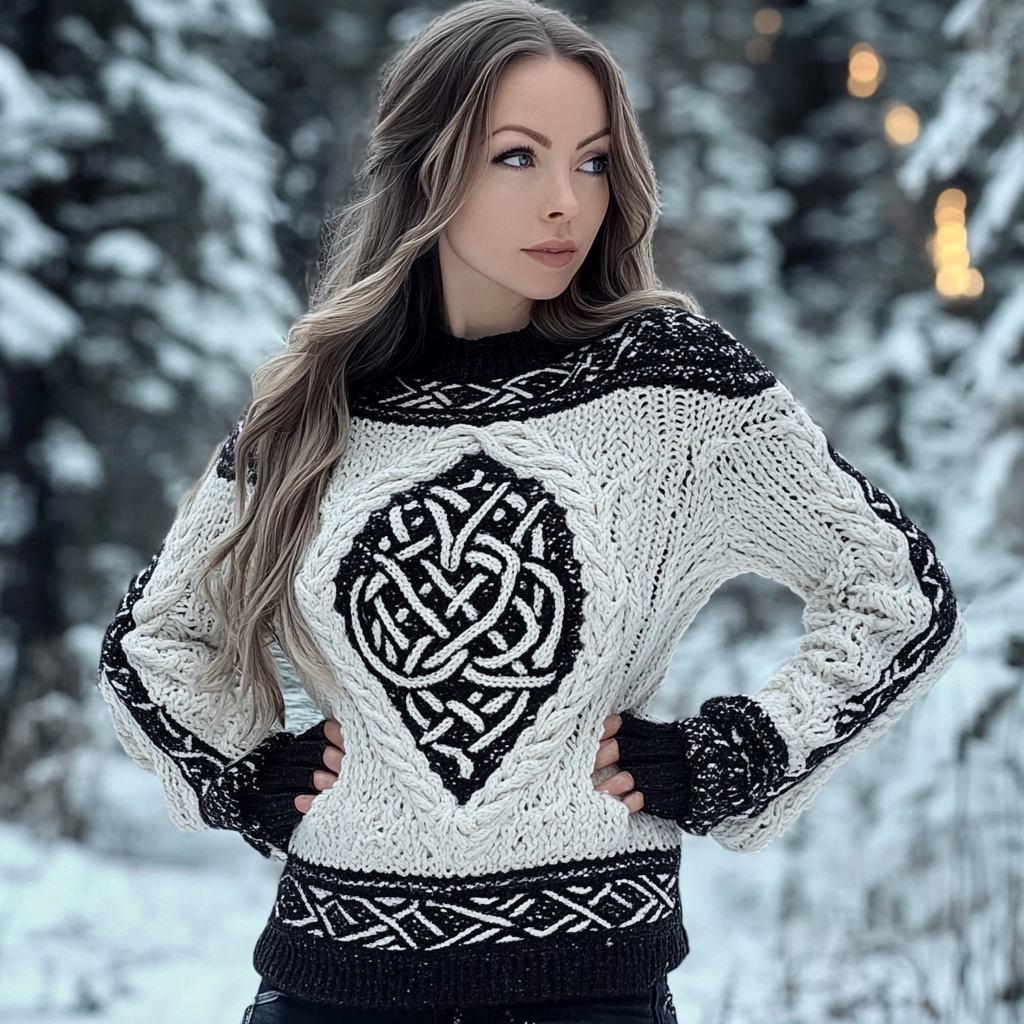 Women's Viking Rune Celtic Knot Jacquard Crew Neck Sweater artswardrobe