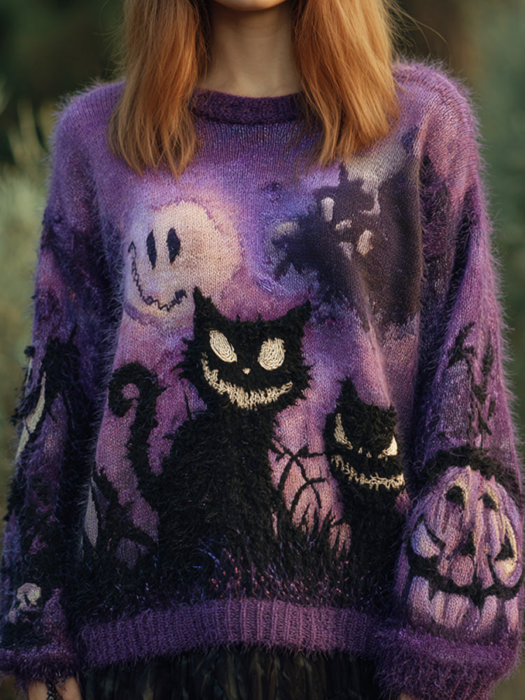 Women's Casual Vintage Halloween Black Cat Embroidered Sweater artswardrobe