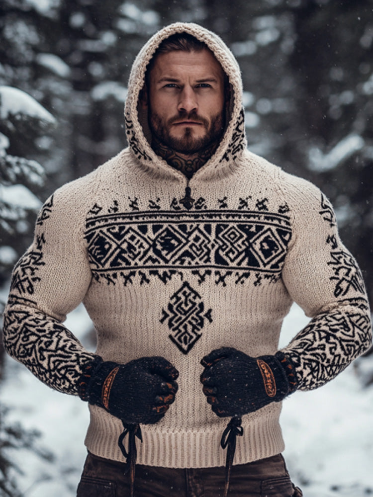 Men's Retro Viking Tribal Celtic Contrast Patchwork Chunky Hooded Sweater artswardrobe