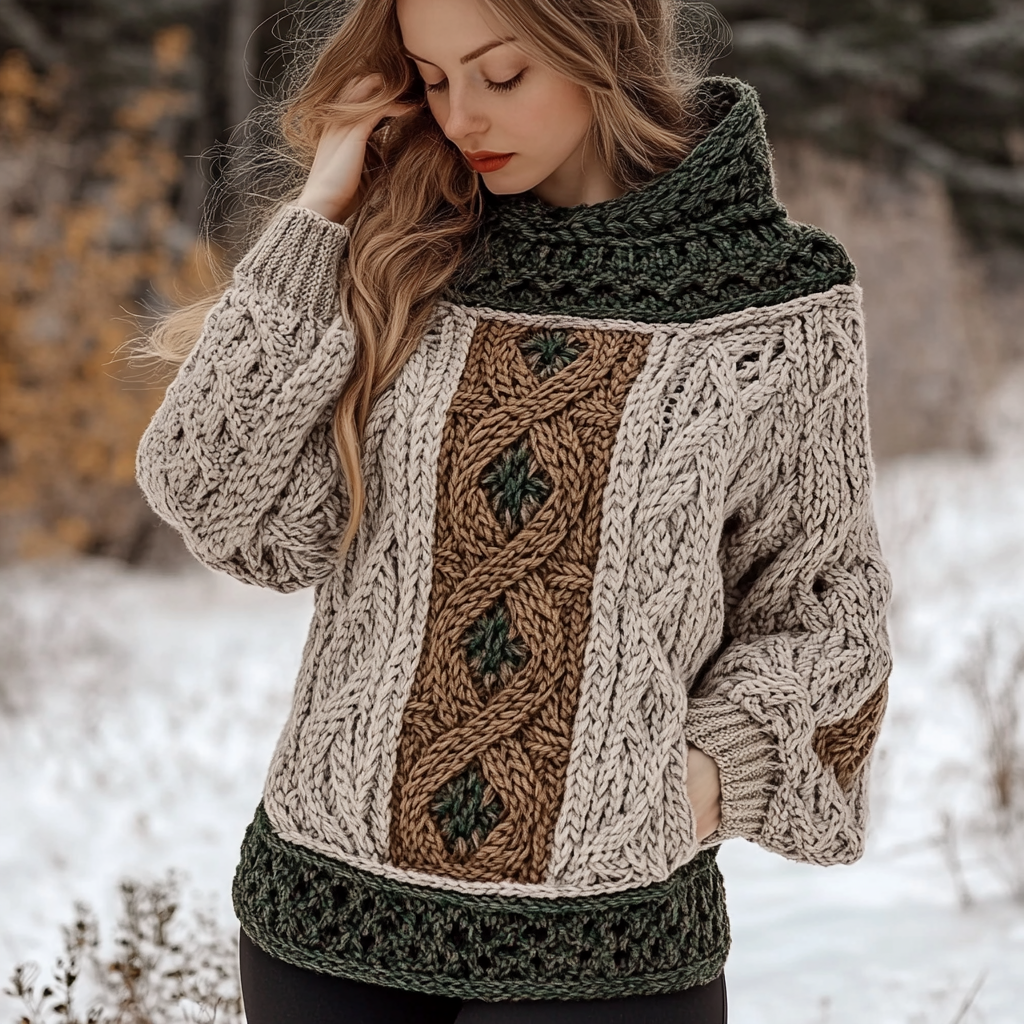 Vintage Women's Celtic Knot Retro Cozy Chunky Knit Hooded Sweater artswardrobe