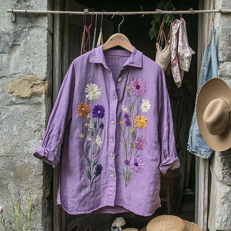 Bohemian Holiday Style Linen Floral Print Long Sleeve Shirt artswardrobe