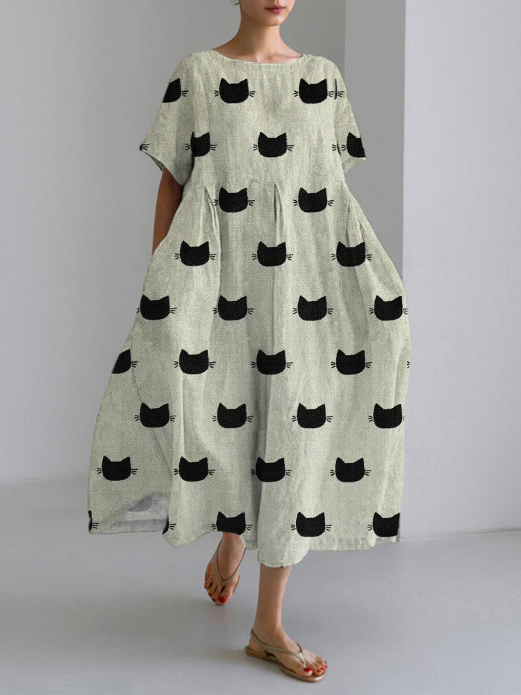 Black Cat Japanese Art Linen Blend Maxi Dress elevenforest