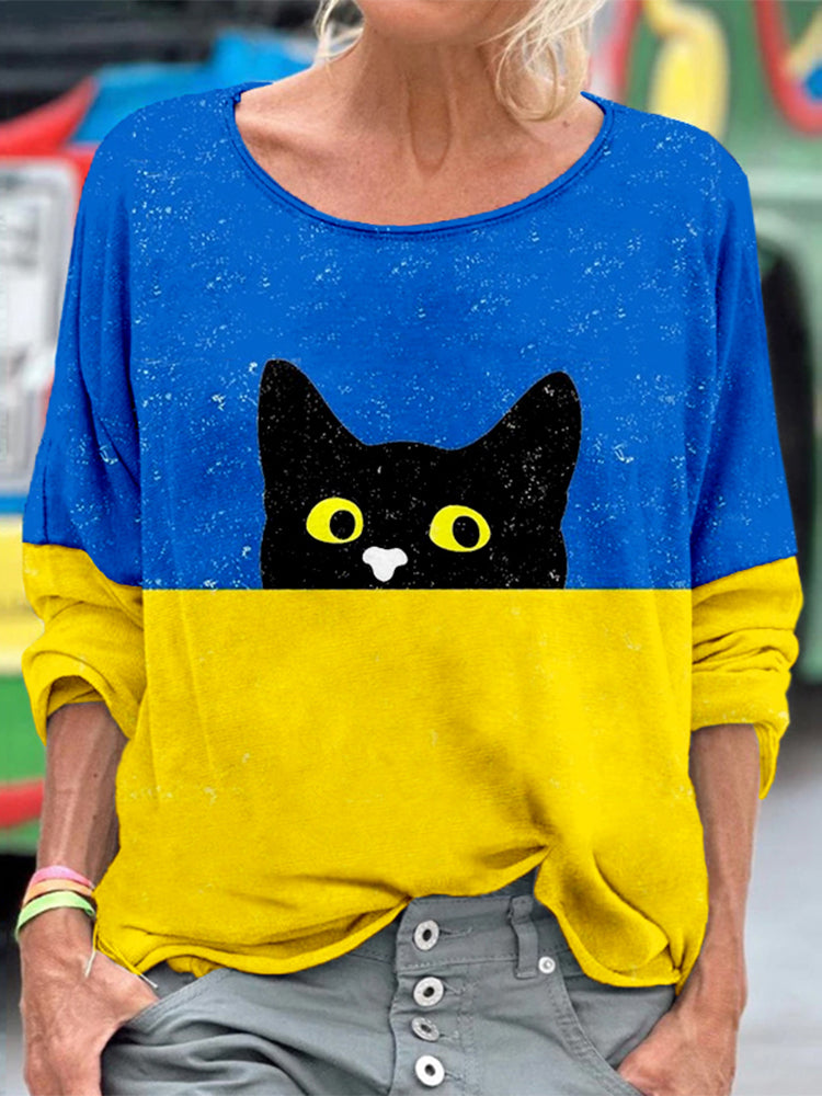 Ukraine Cat Art Print Crewneck Comfy T Shirt elevenforest