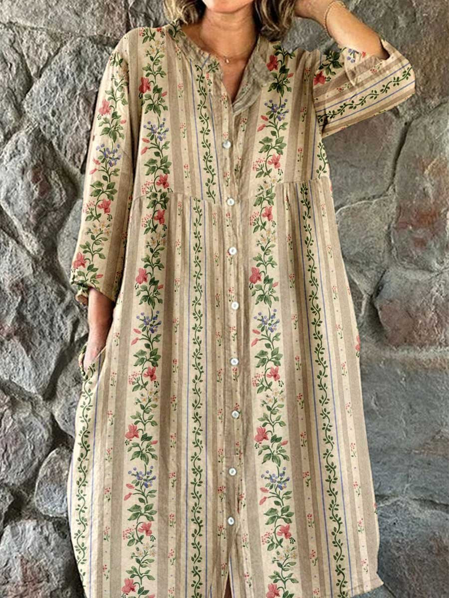 Women's Elegant Simple Rose Floral Stripe Pattern Cotton and Linen Shi