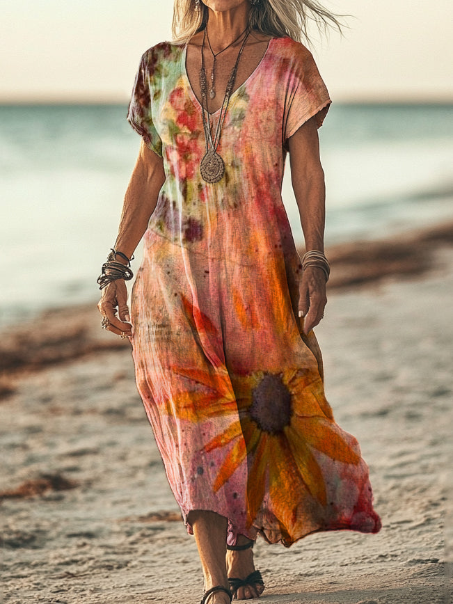 Women's Ethnic Floral Art Print Sleeveless V-Neck Pocket Cotton Dress