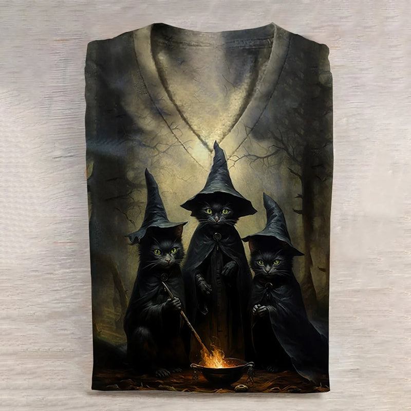 Halloween Cat Art Print Casual V-Neck T-Shirt elevenforest