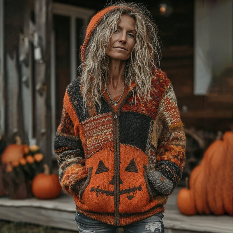 Halloween Pumpkin Face Patchwork Art Cozy Knit Hooded Cardigan elevenforest
