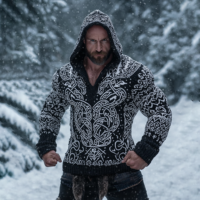 Men's Viking Tribal Wolf Jacquard Celtic Inspired Chunky Knit Hooded Sweater artswardrobe