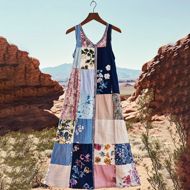 Comstylish Women's Bohemian Floral Patchwork Art Vintage Linen Tank Dress