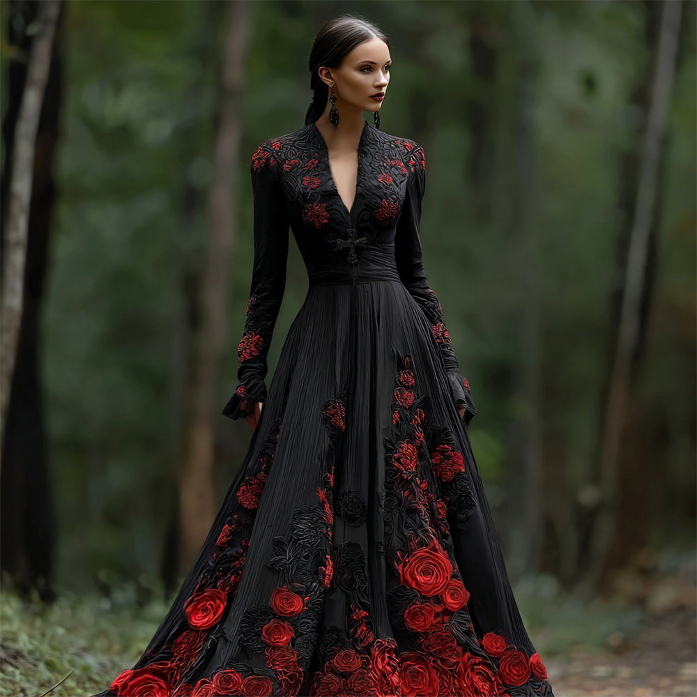 Comstylish Halloween Rose Gothic-style Women's V-neck Flowing Maxi Dress