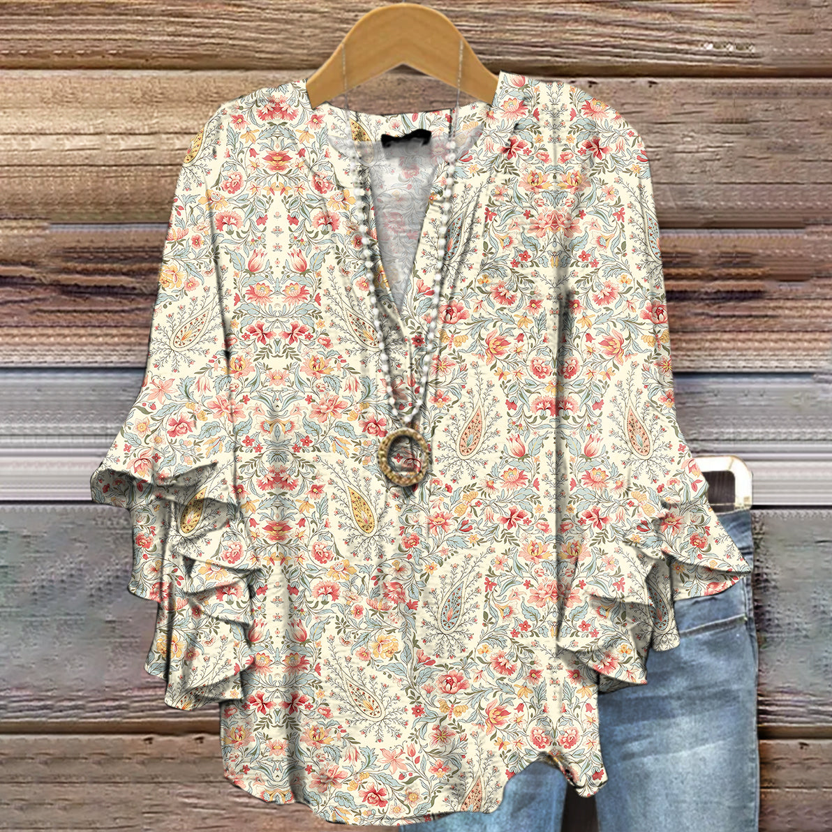 Women's Retro Paisley Floral Art Print Casual Cotton And Linen Shirt