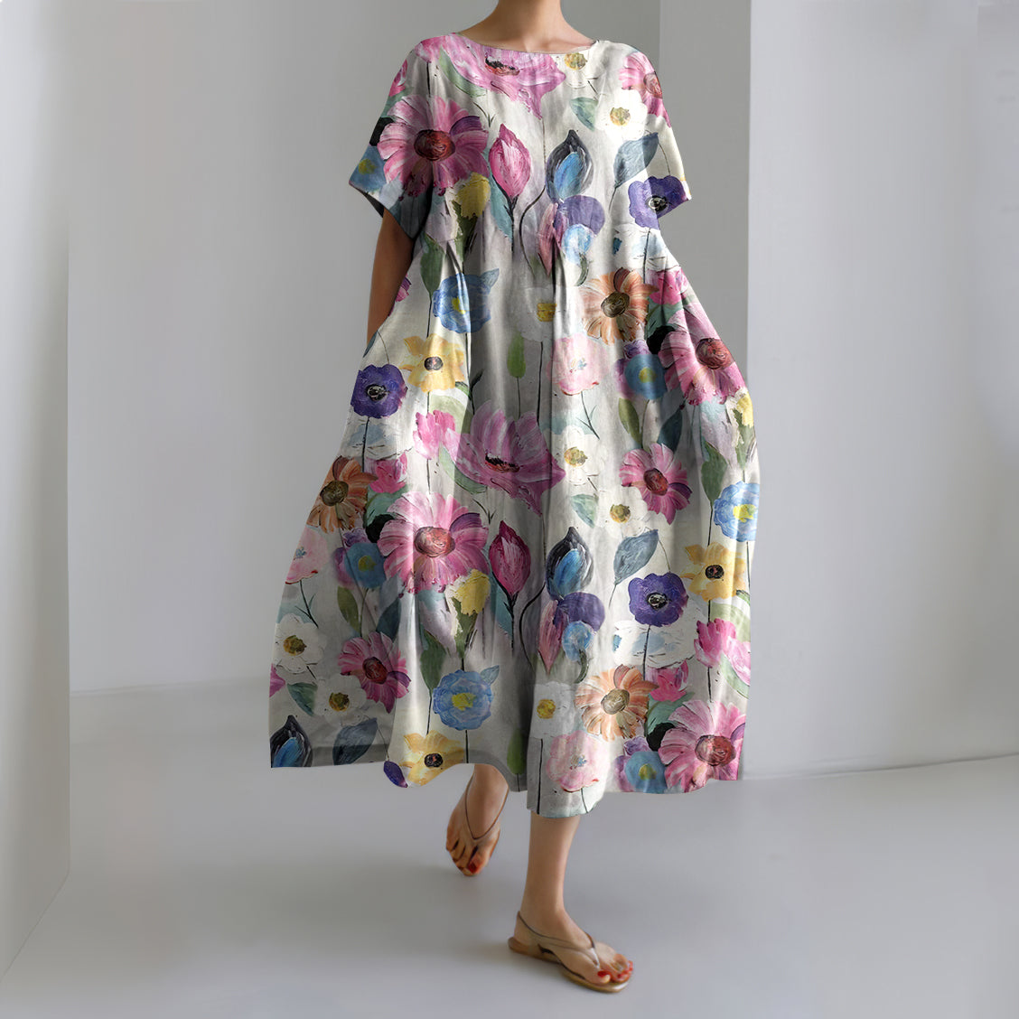 Women's Colorful Flower Printed Casual Loose Dress artswardrobe
