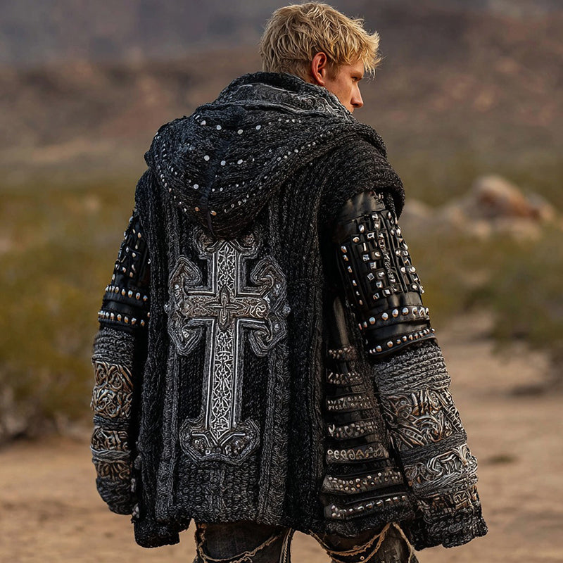 Men's Dark Style Cross Inspired Knitted Cozy Zipper Up Hooded Cardigan elevenforest