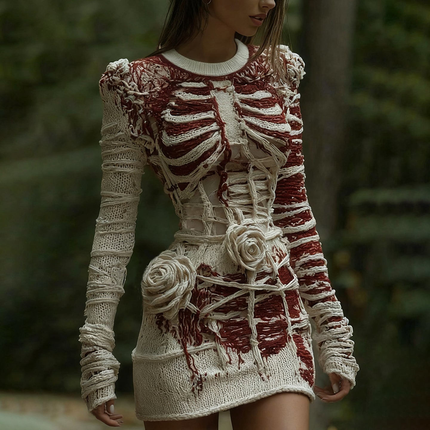 Comstylish Women's Halloween Halloween Skeleton Bones Bandage With Rose Art Cozy Knit Mini Sweater Dress